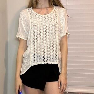 White Crochet Blouse with Cuffed Sleeves